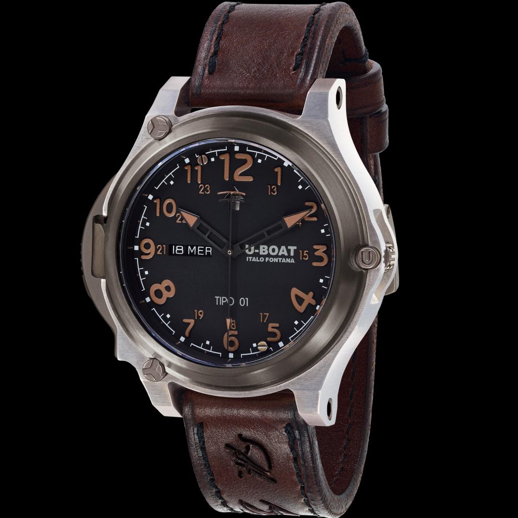 The titanium fake watch has brown strap.